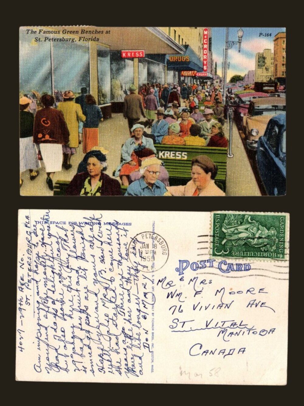 POSTCARD SALE 10/$20 Green Benches 1959 Linen Postcard St. Petersburg, Florida